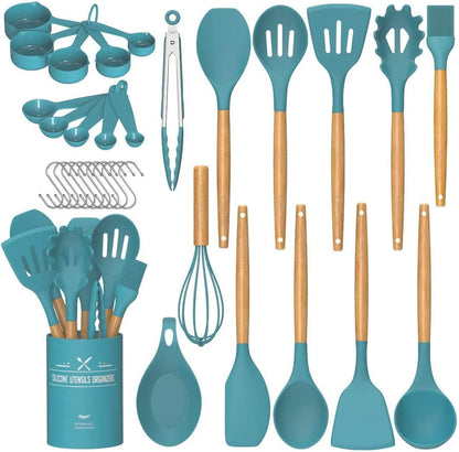 Umite Chef Kitchen Cooking Utensils Set, 33 pcs Non-Stick Silicone Cooking Kitchen Utensils Spatula Set with Holder, Wooden Handle Silicone Kitchen Gadgets Utensil Set (Khaki) - PuriLite