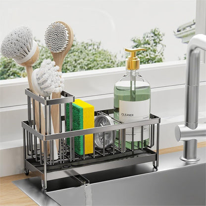 Cisily Sponge Holder for Kitchen Sink, Sink Caddy with High Brush Holder, Organzier Rustproof 304 Stainless Steel Dish Organizer Divider, Soap Dispenser Storage (Black) - PuriLite