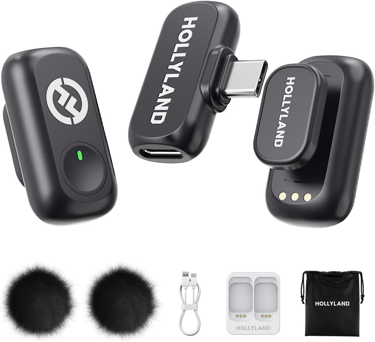 Hollyland Lark A1 Duo - Wireless Microphone USB C for iPhone 16/15 & Android (2TX + USB-C RX + Charging Case), Magnetic Mic for YouTube, TikTok, Podcast, Interviews (Black) - PuriLite