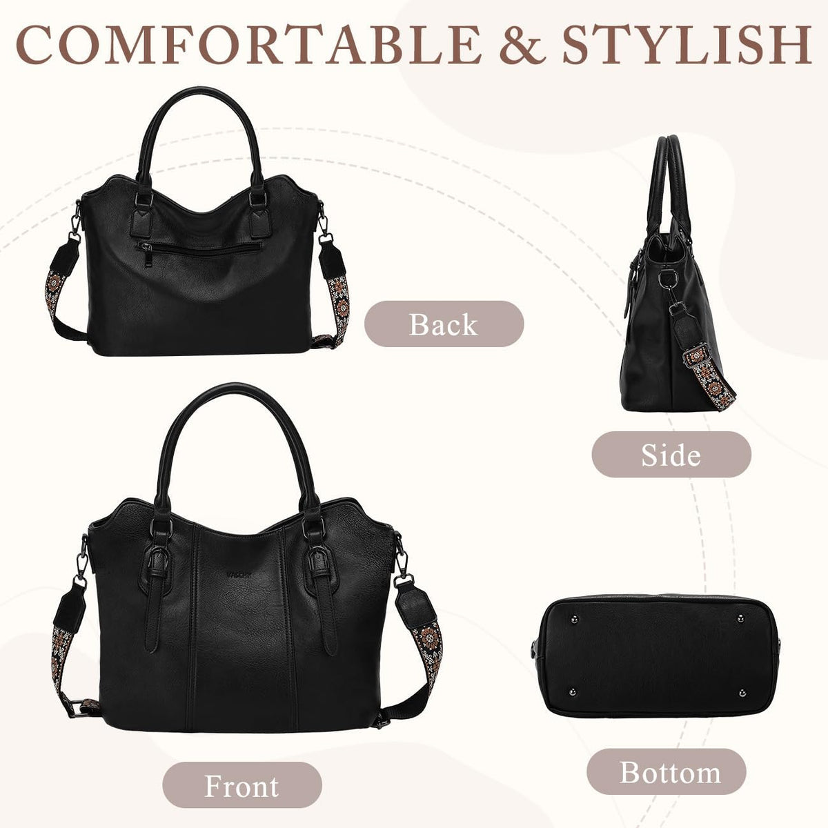 Hobo Bags for Women,VASCHY Vegan Leather Handbag Purse Top Handle Satchel Boho Shoulder Bag with Crossbody Guitar Strap - PuriLite