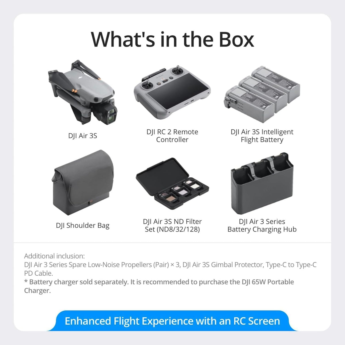 DJI Air 3S Fly More Combo (RC 2 Screen Remote Controller), Drone with 1" CMOS Wide-Angle & Medium Tele Camera for Adults, 4K/60fps, Omnidirectional Sensing & 3 Batteries for Extended Flight Time - PuriLite