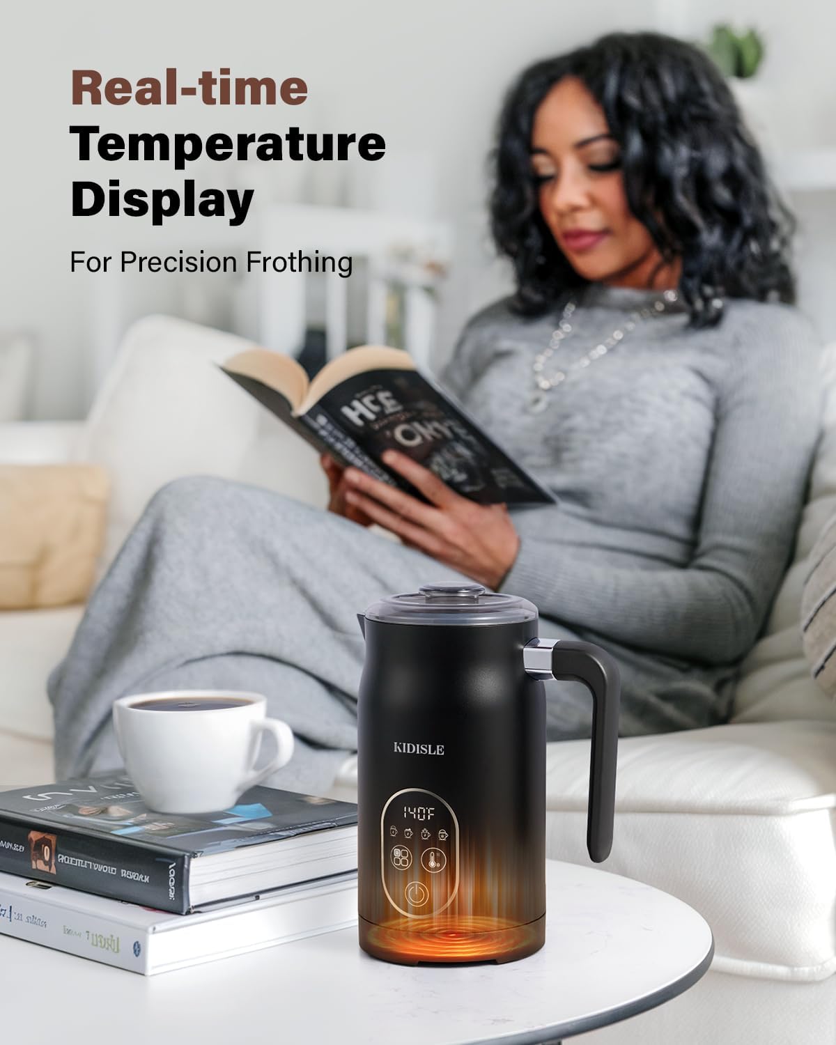 KIDISLE - 4 in 1 Electric Milk Frother with Automatic Temperature Control, Hot Cold Frothing Machine, Fast Foam Machine for Coffee, Latte, Hot Chocolate, Cappuccino, Macchiato, - PuriLite