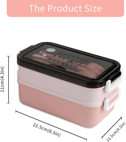 Bento Box, Lunch Box for Adult, Compact Bento Box Set- 2-Layer Stackable Lunch Box with Utensils, Leak-Proof and Durable Food Container for Work, Picnic, and Travel (Pink) - PuriLite
