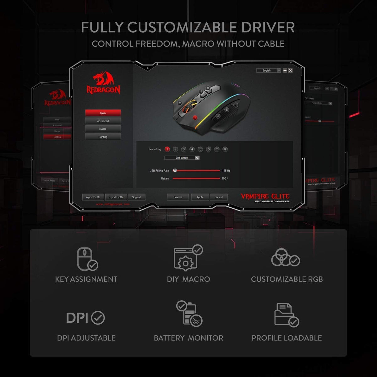 Redragon M686 Wireless Gaming Mouse, 16000 DPI Wired/Wireless Mouse with Professional Sensor, 45-Hour Durable Power Capacity, Customizable Macro and RGB Backlight for PC/Mac/Laptop - PuriLite