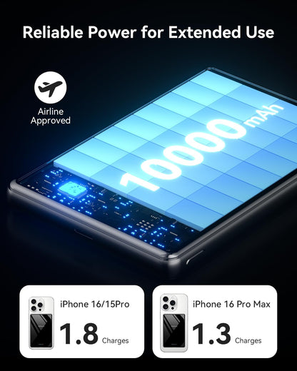 Kuulaa Magsafe Power Bank 10000mAh Magnetic Portable Charger for iPhone, PD 20W Fast Charging, USB-C In/Out, Battery Pack Power Bank for iPhone 16/15/14/13/12 & Magsafe Case, Mirror-finish Body, Black - PuriLite