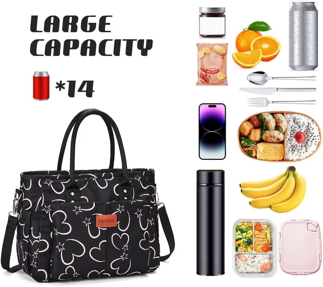 Lunch Bag for Women, Insulated Lunch Box for Work, Large Leakproof Cooler Purse with Side Pockets & Removable Shoulder Strap Women's Lunch Tote Bag for Picnic Work Beach Cute Lunch Bags (Heart) - PuriLite