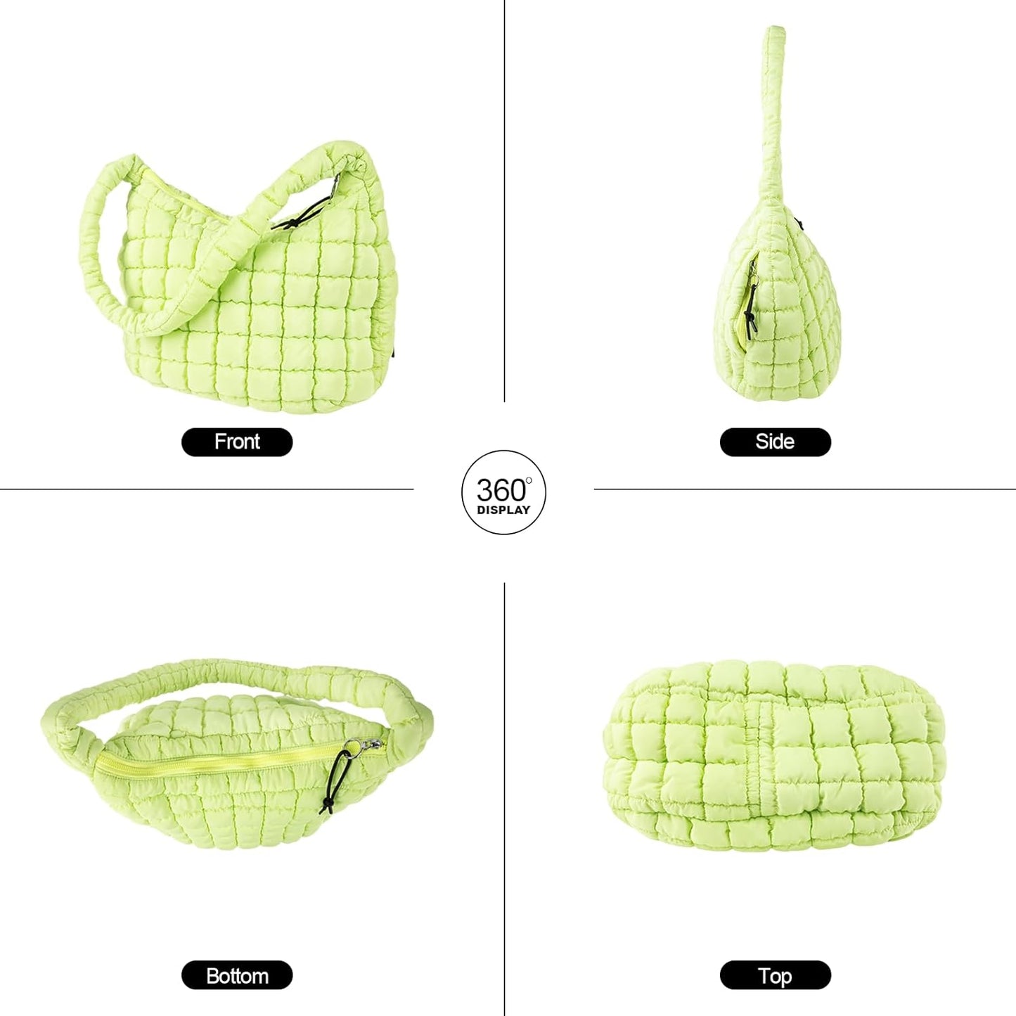 Quilted Puffer Tote Bag Large Crossbody Shoulder Bag with Zipper, Nylon Hobo Oversized Handbag - PuriLite
