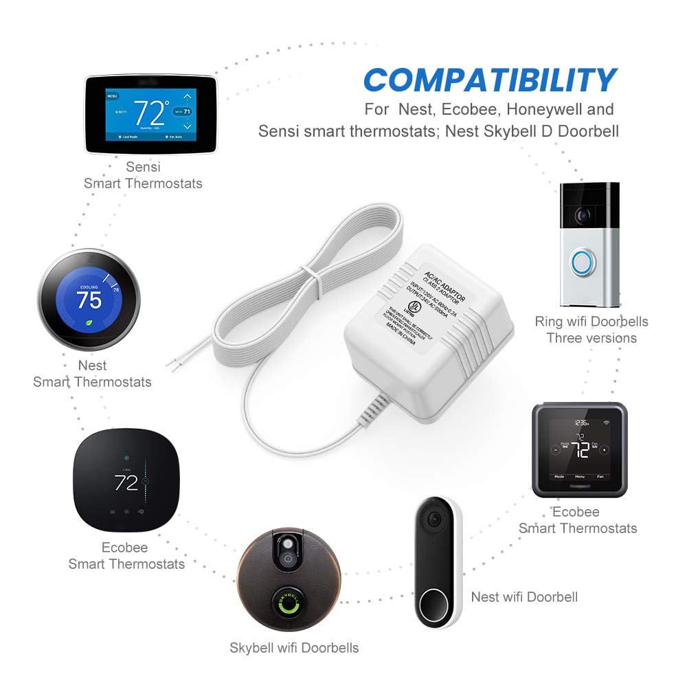 Xwartre Doorbell Transformer 24V Power Supply Compatible with Nest, Arlo, Ring, Amcrest, Logitech and Other Doorbells, Thermostats C Wire (7.9m Power Cable) - PuriLite