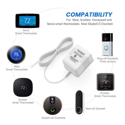 Xwartre Doorbell Transformer 24V Power Supply Compatible with Nest, Arlo, Ring, Amcrest, Logitech and Other Doorbells, Thermostats C Wire (7.9m Power Cable) - PuriLite