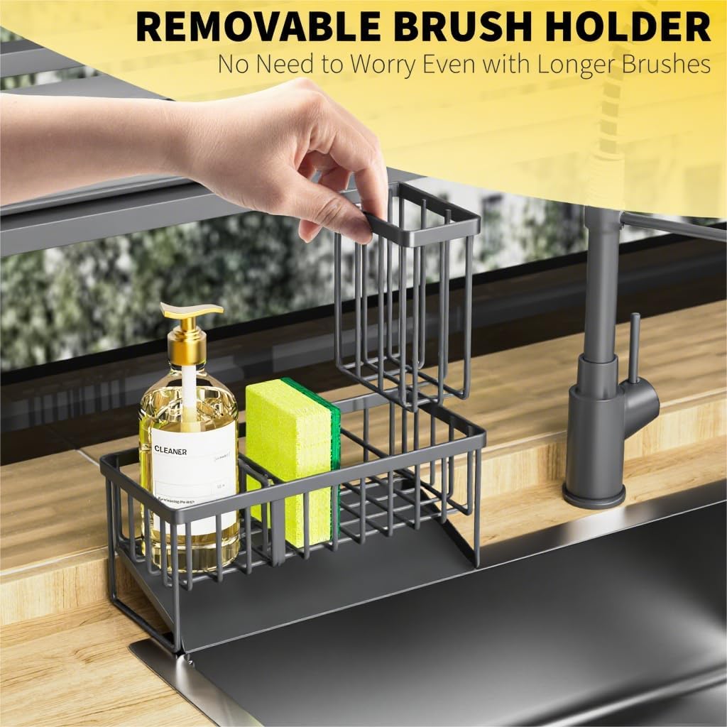 Cisily Kitchen Sink Caddy Organzier with High Brush Holder, Sponge Holder for Sink, 304 Rustproof Stainless, Kitchen Countertop Soap Dispenser Organizer, Kitchen Decor and Accessories (Black) - PuriLite