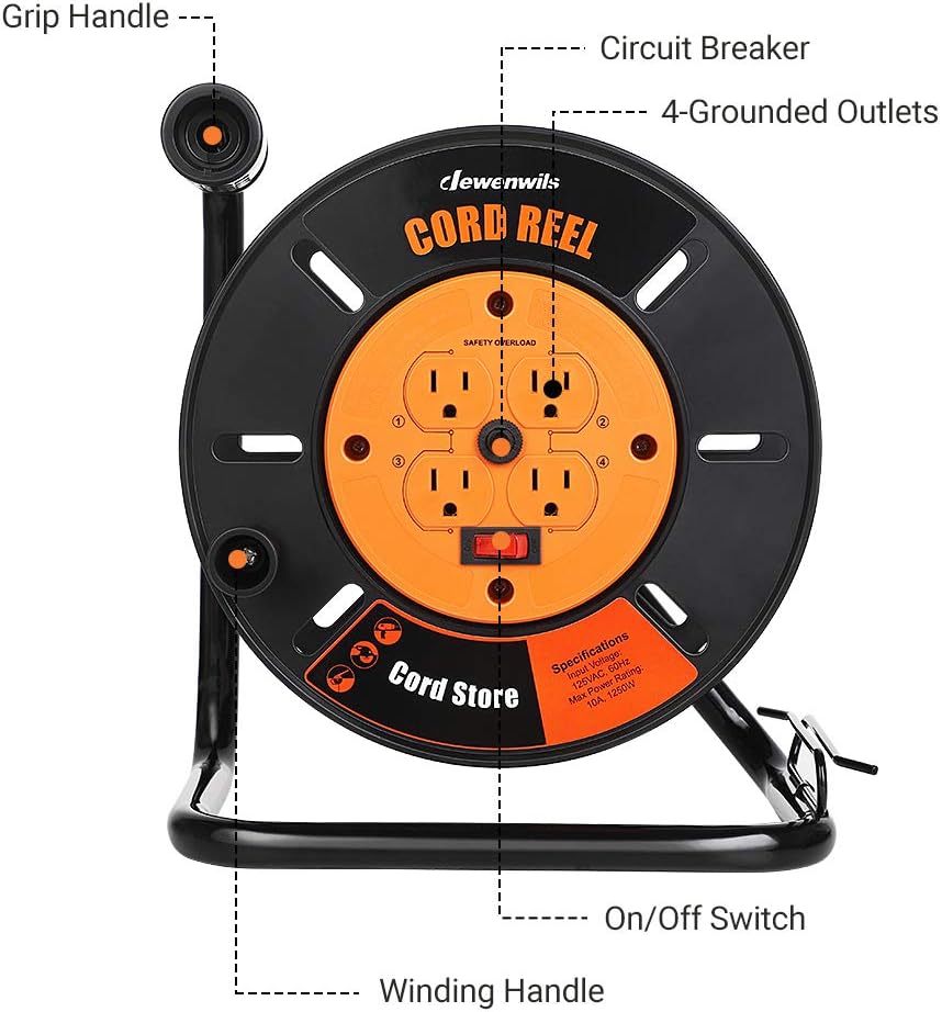 DEWENWILS Extension Cord Storage Reel with 4-Grounded Outlets, Heavy Duty Open Cord Reel for 12/3,14/3,16/3 Gauge Power Cord, Hand Wind Retractable, 10A Circuit Breaker, Rocker Power Switch - PuriLite