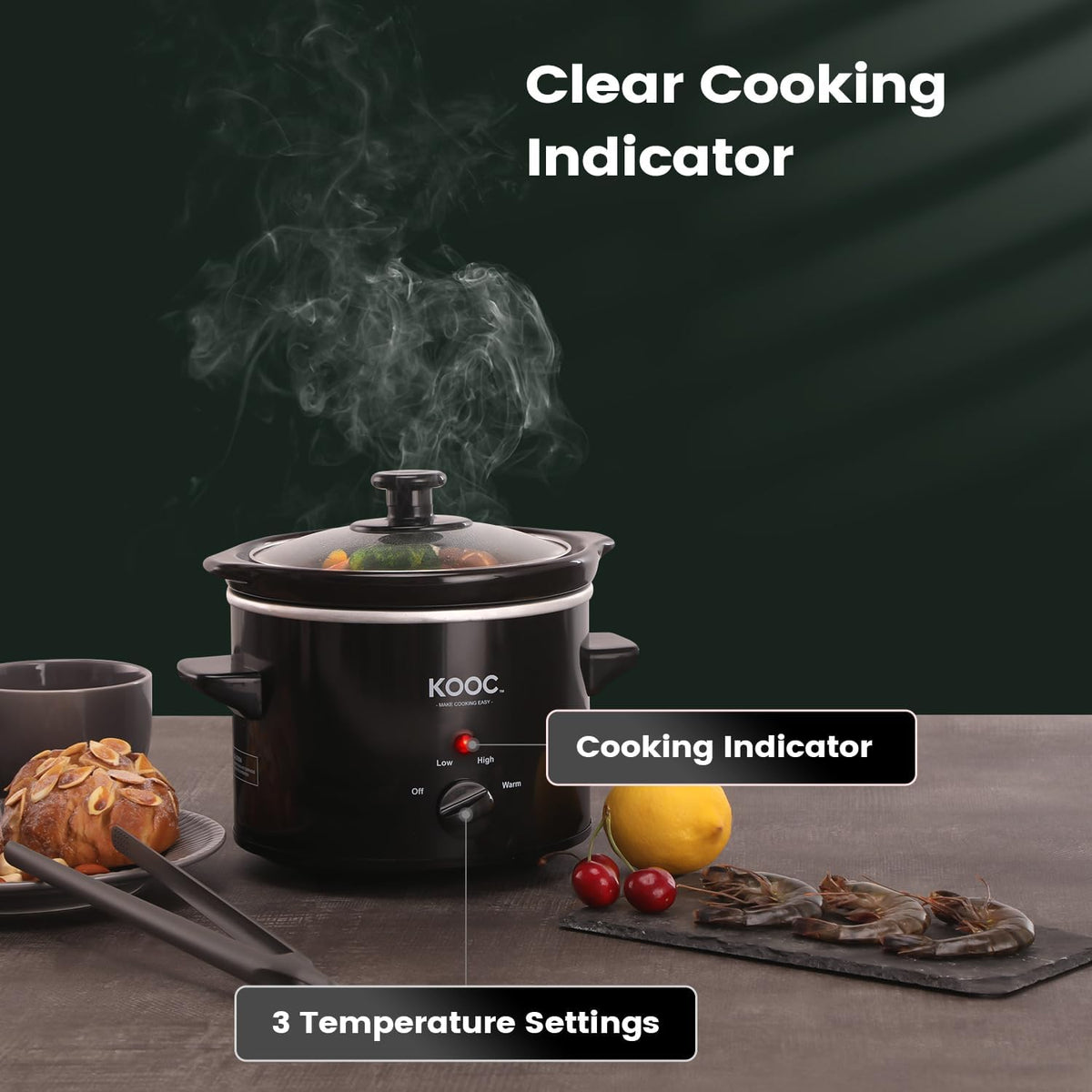 KOOC Small Slow Cooker, 2-Quart, Free Liners Included for Easy Clean-up, Upgraded Ceramic Pot, Adjustable Temp, Nutrient Loss Reduction, Stainless Steel, Black, Round… - PuriLite