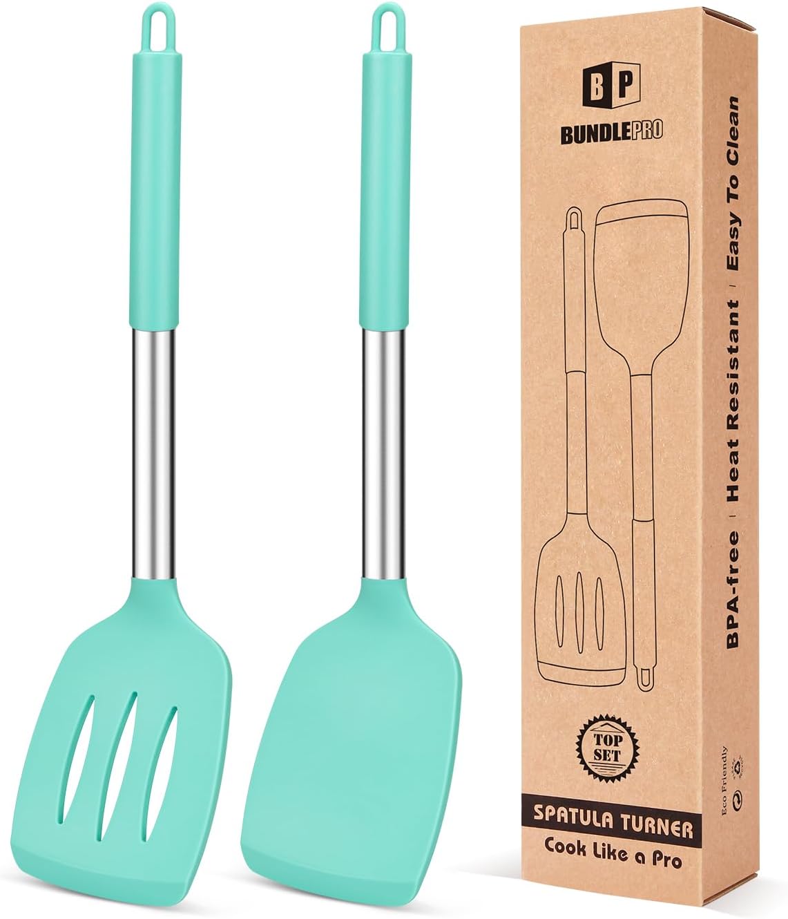 Pack of 2 Silicone Slotted Spatula,Non Stick Solid Kitchen Turner, High Heat Resistant BPA Free Cooking Utensils for Fish, Eggs, Pancakes（Black - PuriLite