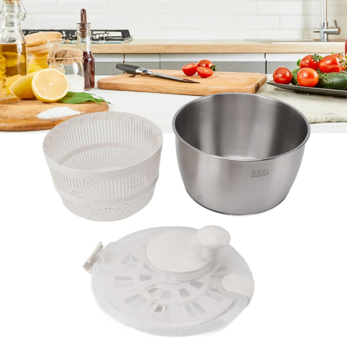 Stainless Steel Salad Spinner - Large Capacity Vegetable and Fruit Washer, Lettuce Dryer, Drip Basket, Multifunctional Kitchen Tool - PuriLite