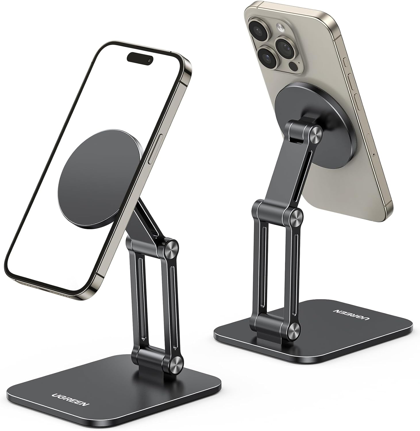 UGREEN Magnetic Phone Stand Compatible with MagSafe, Angle Adjustable Aluminum Holder for Desk, Thick Base Compatible for iPhone 16 15 14 13 12 Pro - PuriLite