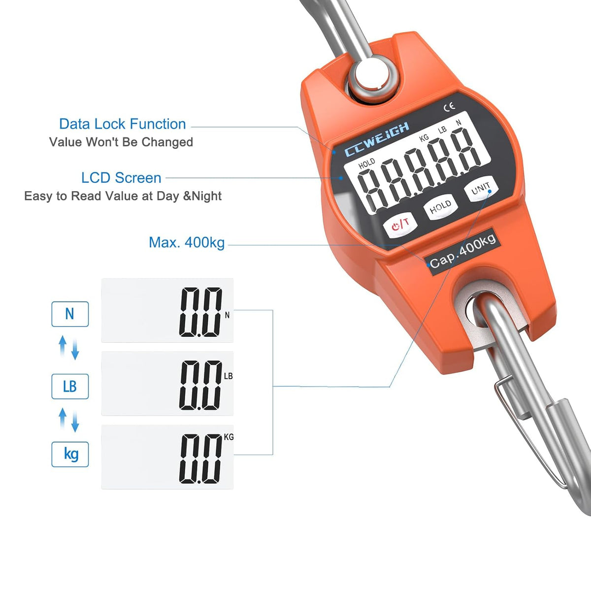 Digital Hanging Scale 881 Lb 400 Kg Hanging Digital Scale, Handheld Mini Crane Scale with Hooks for Farm Hunting Fishing Outdoor - PuriLite