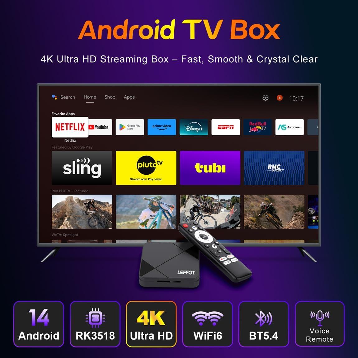 LEFFOT Android TV Box 2025,4K UHD Steaming Devices for TV,2GBRAM + 8GBROM,with HDR10,2.4G&5G WIFI6,BT 5.0,Smat TV Box RK3518 - PuriLite