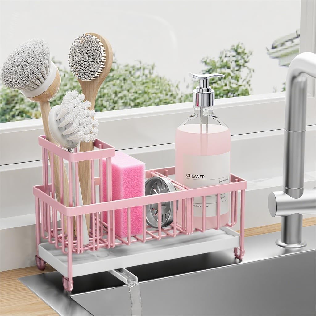 Cisily Sponge Holder for Kitchen Sink, Sink Caddy with High Brush Holder, Organzier Rustproof 304 Stainless Steel Dish Organizer Divider, Soap Dispenser Storage (Black) - PuriLite