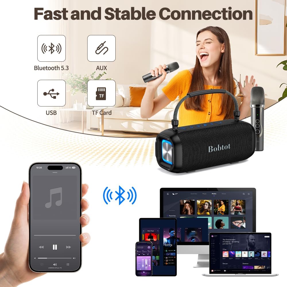 Portable Karaoke Machine, Bluetooth Speaker with Microphone, Three Echo Levels, Indoor and Outdoor Modes, IPX6, BT 5.3, Supports AUX, TF, USB - PuriLite
