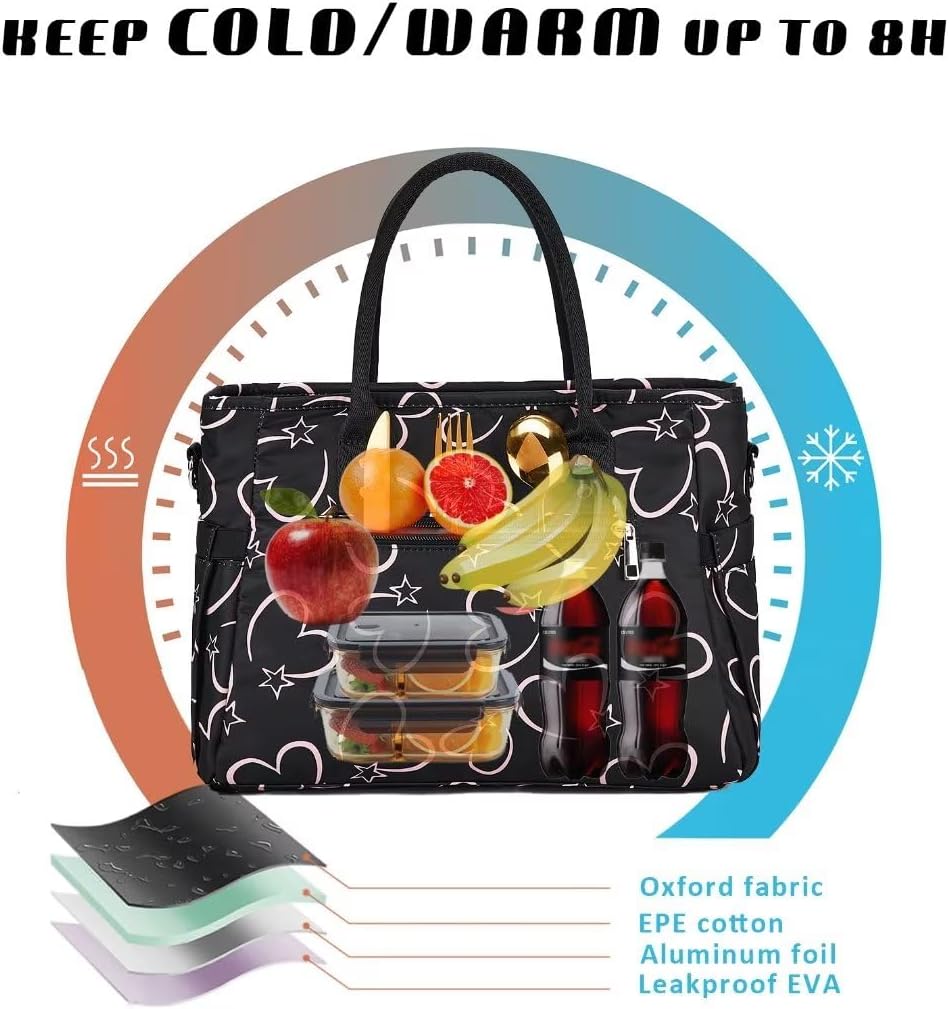 Lunch Bag for Women, Insulated Lunch Box for Work, Large Leakproof Cooler Purse with Side Pockets & Removable Shoulder Strap Women's Lunch Tote Bag for Picnic Work Beach Cute Lunch Bags (Heart) - PuriLite