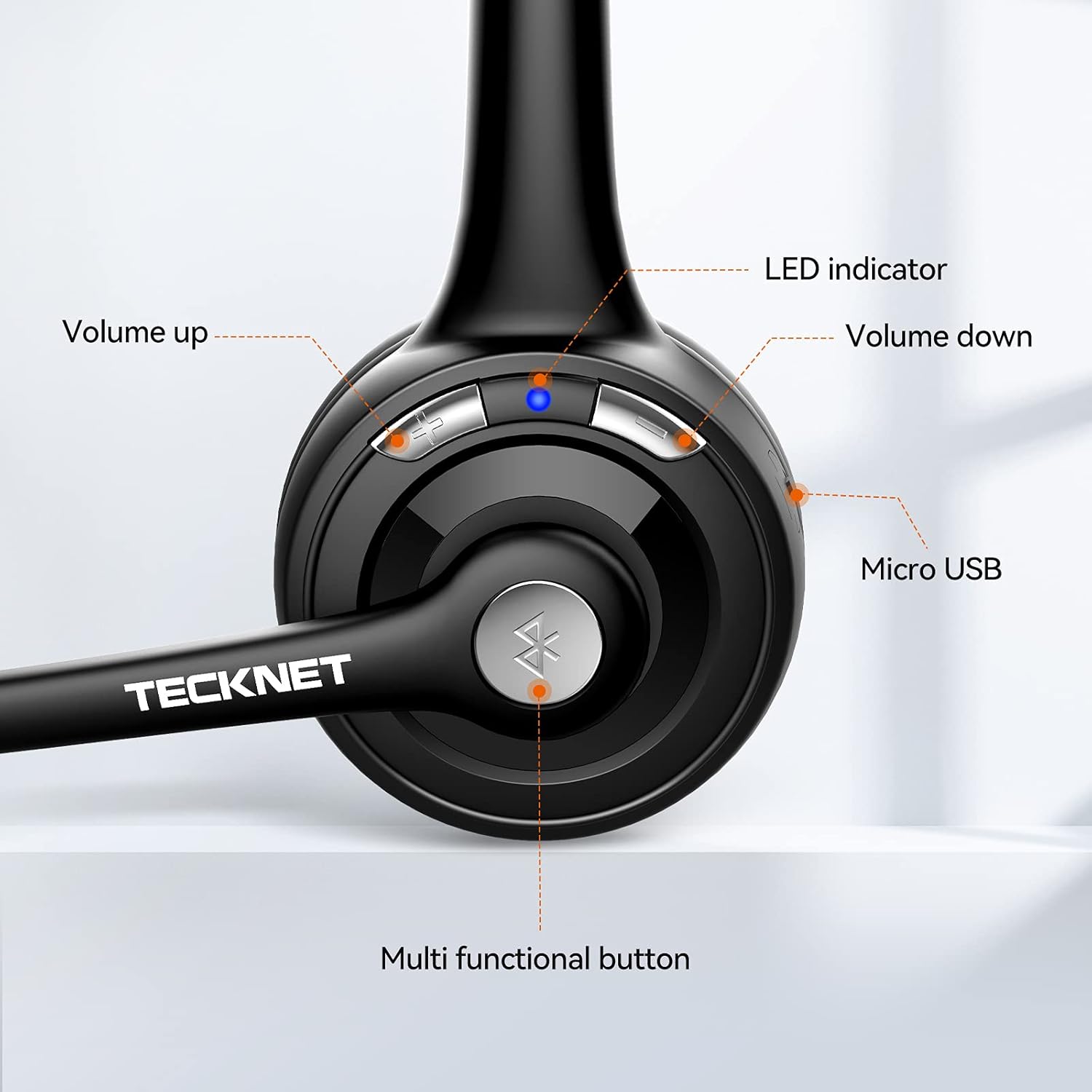 TECKNET Wireless Headset, Bluetooth Headphones with Noise Cancelling Microphone for Trucker, Hand Free Wireless Headset with Mute Mic for Cellphone/PC/Home/Office/Call Center - PuriLite