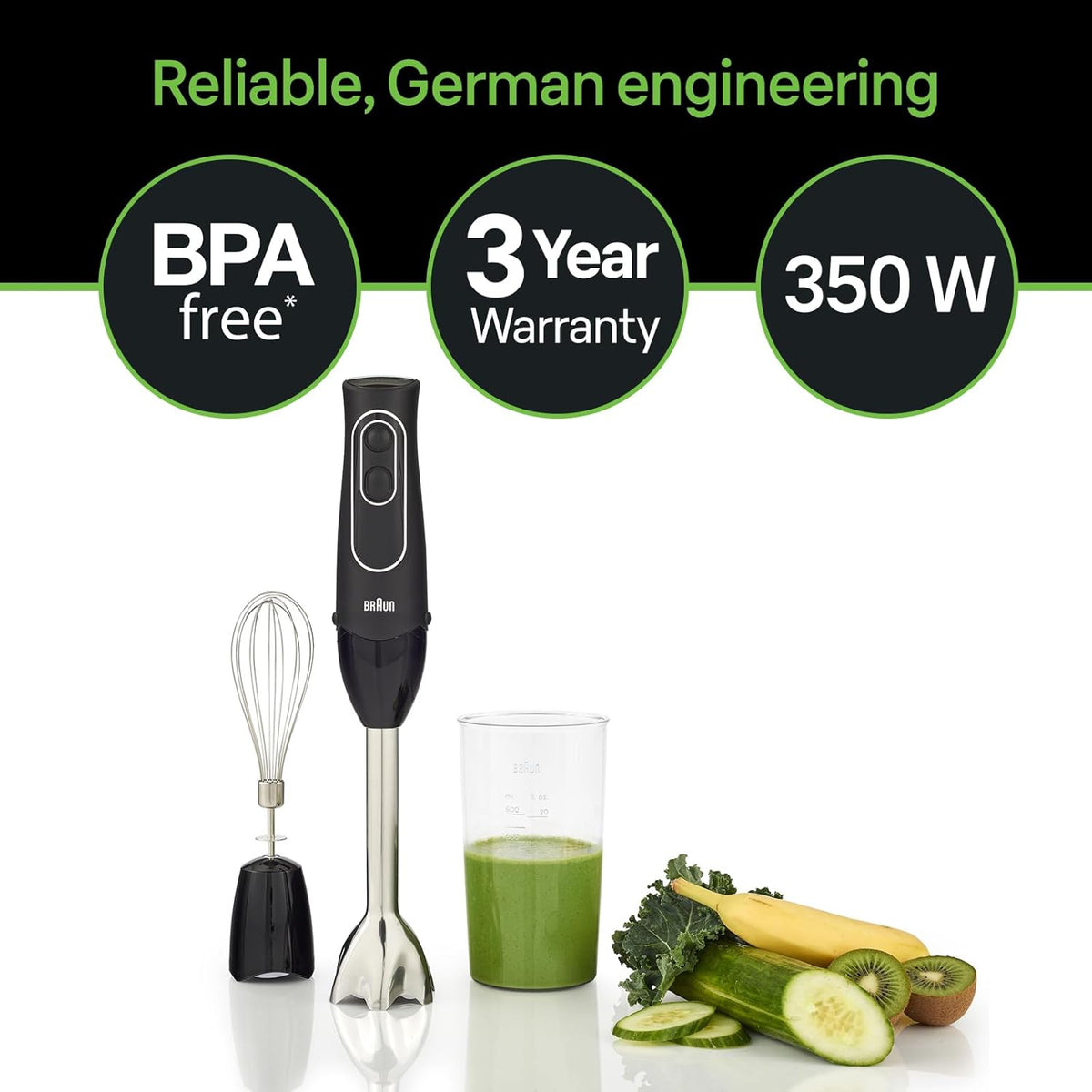 Braun MultiQuick 5 Immersion Hand Blender - Patented Technology - Powerful 350 Watt - Dual Speed - Includes Beaker, Whisk, MQ505, Black - PuriLite
