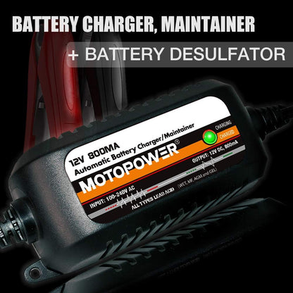 MOTOPOWER MP00205A 12V 800mA Fully Automatic Battery Charger/Maintainer - PuriLite