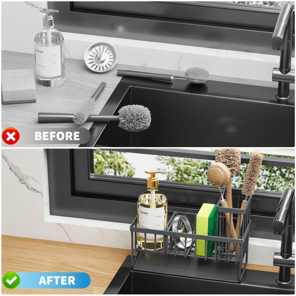 Cisily Kitchen Sink Caddy Organzier with High Brush Holder, Sponge Holder for Sink, 304 Rustproof Stainless, Kitchen Countertop Soap Dispenser Organizer, Kitchen Decor and Accessories (Black) - PuriLite