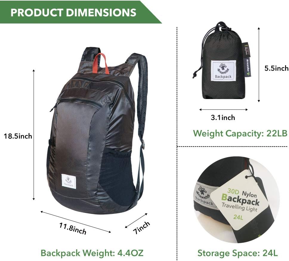 4Monster Hiking Daypack,Water Resistant Lightweight Packable Backpack for Travel Camping Outdoor - PuriLite