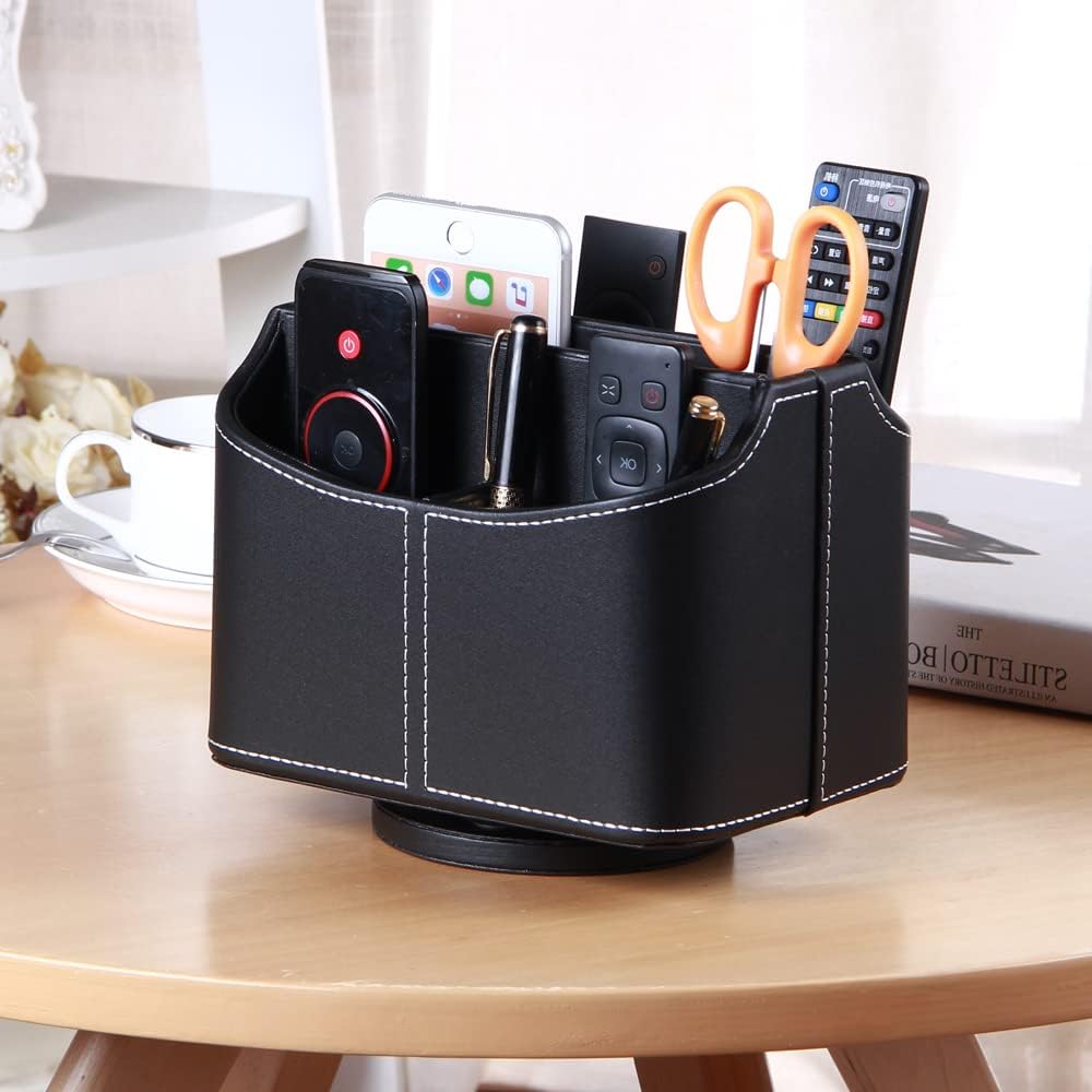PUSU 360° Rotating Remote Control Holder Desk Organizer – PU Leather Spinning TV Caddy with 5 Compartments for Remotes, Stationery, Phone, iPad & Bedside Storage - PuriLite
