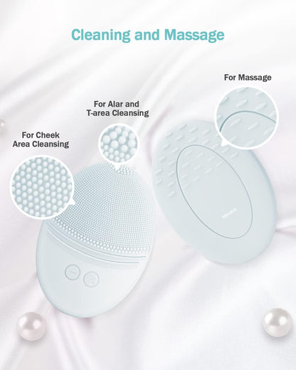 EZBASICS Sonic Facial Cleansing Brush Made with Ultra Hygienic Soft Silicone, Waterproof Sonic Vibrating Face Brush for Deep Cleansing, Gentle Exfoliating and Massaging, Inductive Charging Blue - PuriLite