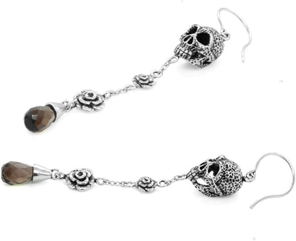 Skull and Rose Earrings Design with Smoked Quartz Teardrop, Stainless Steel - PuriLite