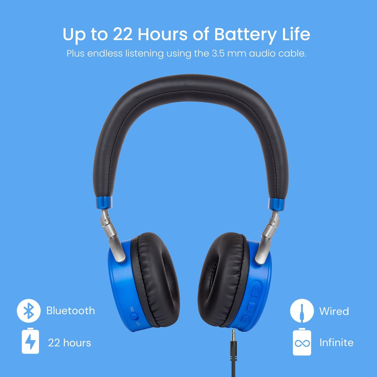 JuniorJam Plus Volume Limiting Headphones for Kids, Foldable & Adjustable Bluetooth Headphones, 22-Hour Battery Life USB-C Charging (Black) - PuriLite