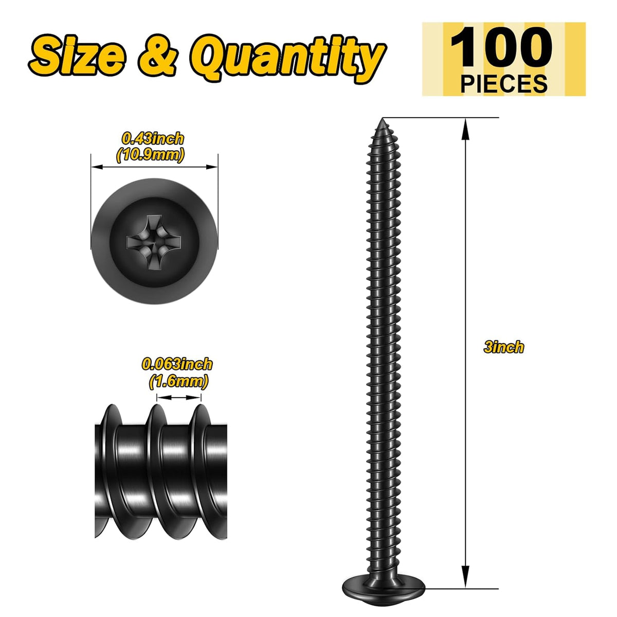150Pcs #8 × 2" Black Screws for Wood, Phillips Truss Head Wood Screws, Quick Metal Self Tapping, Zinc Plated Steel, Truss Head Screws by Mywish - PuriLite