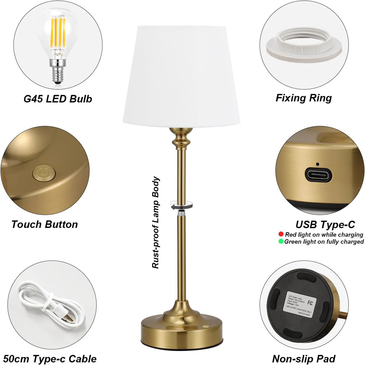 Rechargeable Cordless Table Lamp: 3000k Stepless Dimming, 1 Pack Brass 4000mAh Battery Operated Wireless Touch Lamp for Dining Table, Counter, Living Room, Bedroom - PuriLite