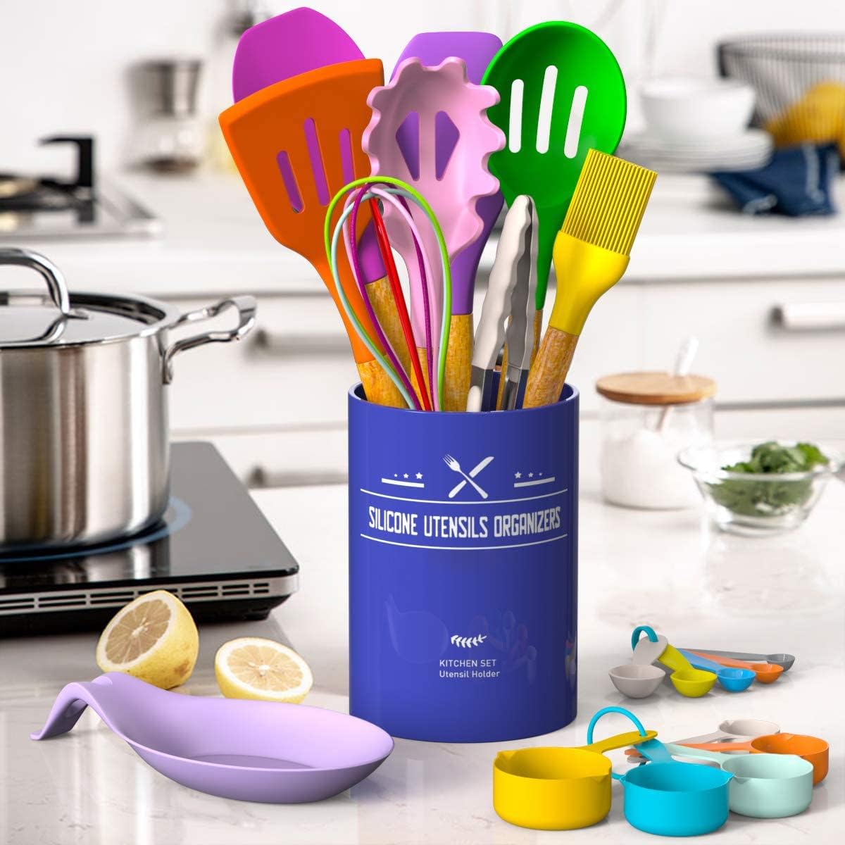 Umite Chef Kitchen Cooking Utensils Set, 33 pcs Non-Stick Silicone Cooking Kitchen Utensils Spatula Set with Holder, Wooden Handle Silicone Kitchen Gadgets Utensil Set (Khaki) - PuriLite