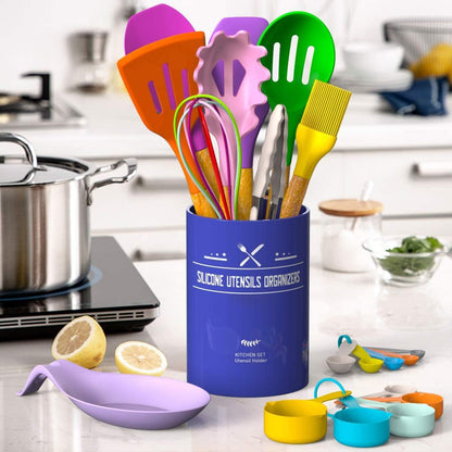 Umite Chef Kitchen Cooking Utensils Set, 33 pcs Non-Stick Silicone Cooking Kitchen Utensils Spatula Set with Holder, Wooden Handle Silicone Kitchen Gadgets Utensil Set (Khaki) - PuriLite