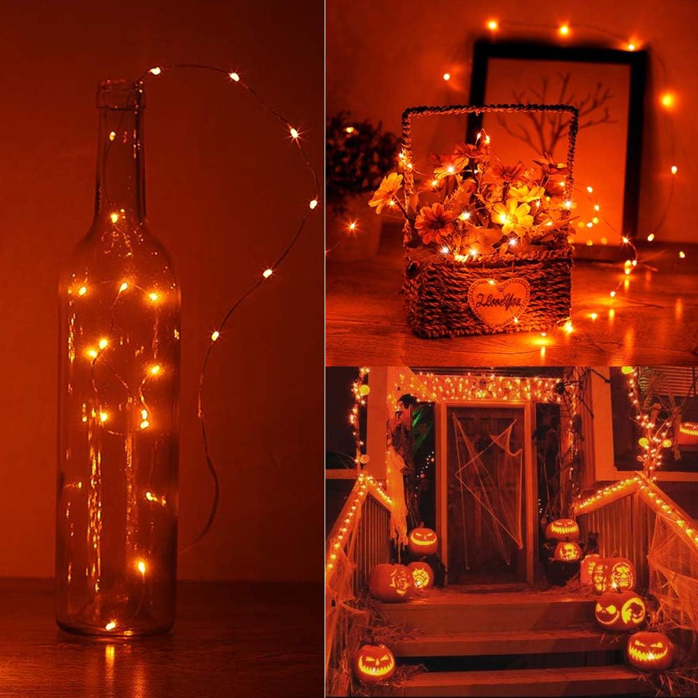 LYHOPE Orange Halloween Lights, 2 Pack 33ft 100 Led Battery Operated Halloween Lights, Waterproof 8 Modes with Remote Copper Wire String Lights for Halloween Holiday Party Carnival Decorations - PuriLite