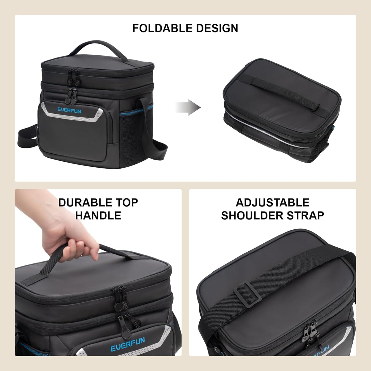 EVERFUN Cooler Bag Insulated Beach Cooler Lunch Bag Box for Men Women Dual Compartments Collapsible Waterproof Leak-Proof for Travel Work Picnic - PuriLite