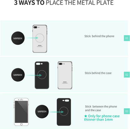 UGREEN Metal Plate for Magnetic Car Mount Cell Phone Magnet Holder with Strong Adhesive Sticker, 2 Round and 2 Rectangle Black - PuriLite