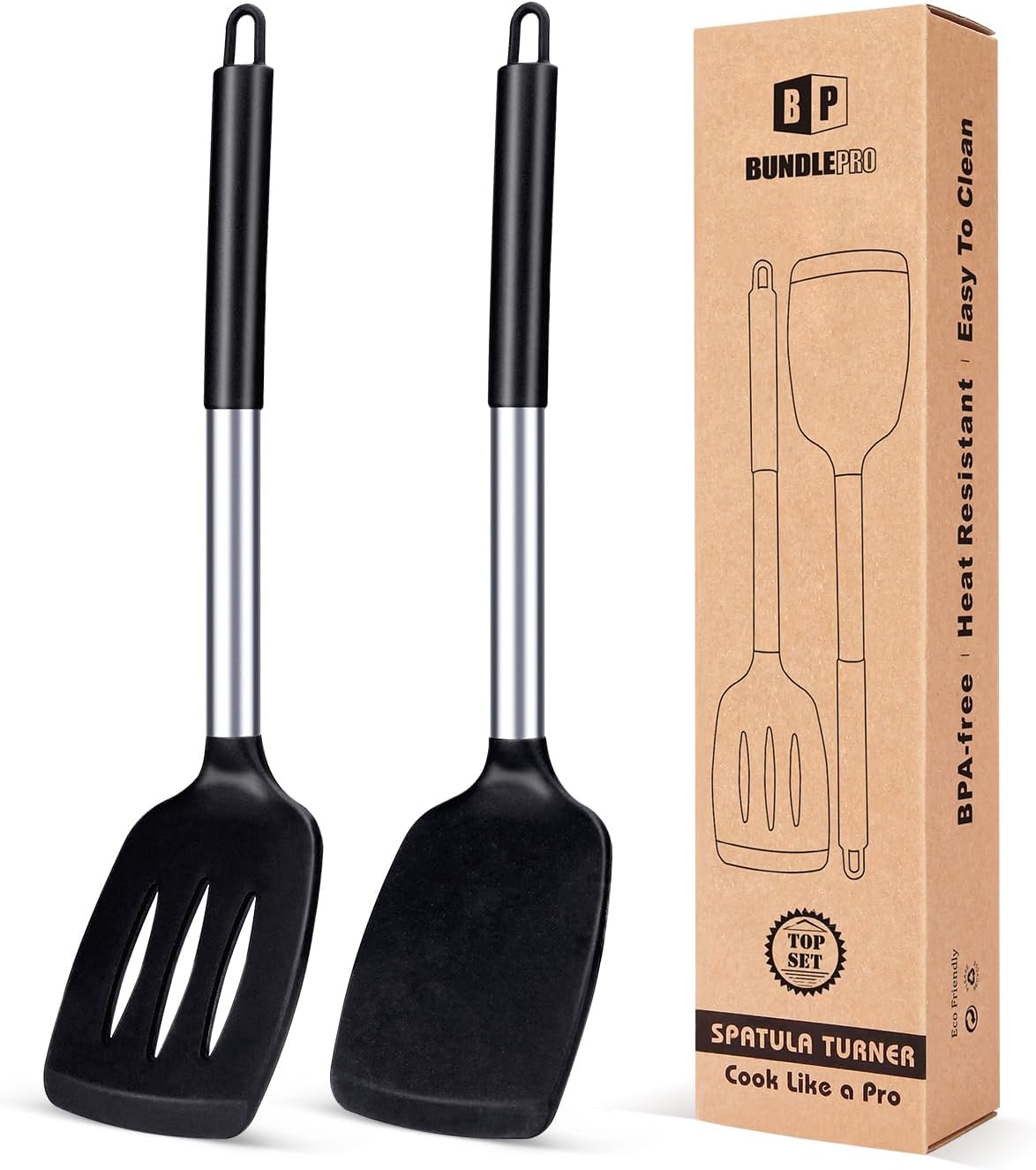 Pack of 2 Silicone Slotted Spatula,Non Stick Solid Kitchen Turner, High Heat Resistant BPA Free Cooking Utensils for Fish, Eggs, Pancakes（Black - PuriLite