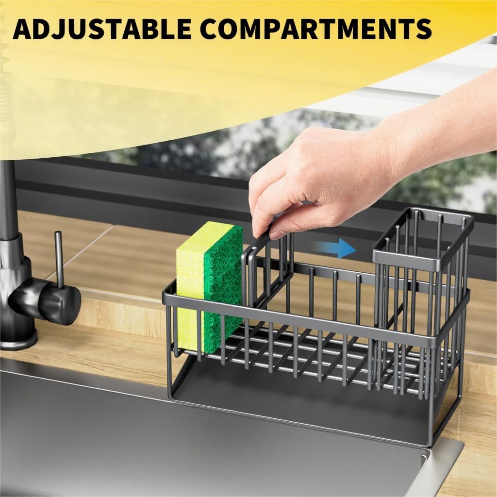 Cisily Kitchen Sink Caddy Organzier with High Brush Holder, Sponge Holder for Sink, 304 Rustproof Stainless, Kitchen Countertop Soap Dispenser Organizer, Kitchen Decor and Accessories (Black) - PuriLite