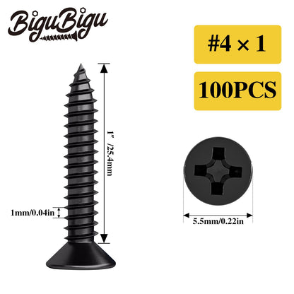 #4 * 2" Wood Screws, Flat Head Phillips Black Stainless Steel, 100Pcs Corrosion Resistant for Wood, Drywall Applications, and Outdoor Use - PuriLite