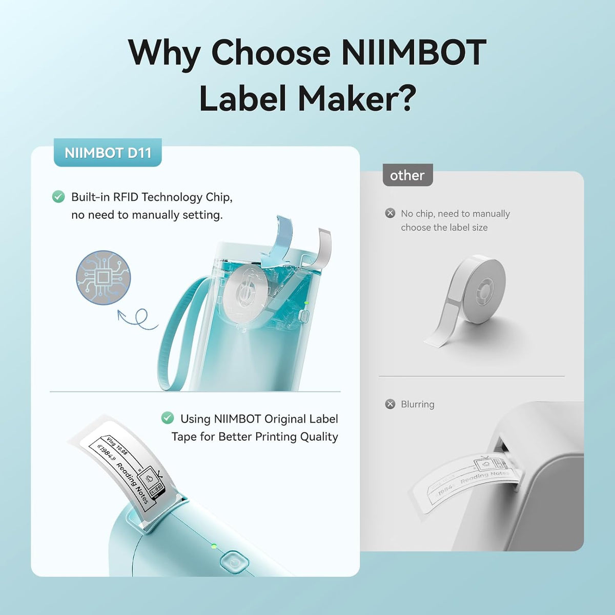 NIIMBOT D110 Mini Label Maker Machine with Tape(Pre-Cut Size 12x40mm), Portable Bluetooth Sticker Printer, Inkless Automatic Feeding One-Touch Custom Printing, Compatible with Phone Only - PuriLite