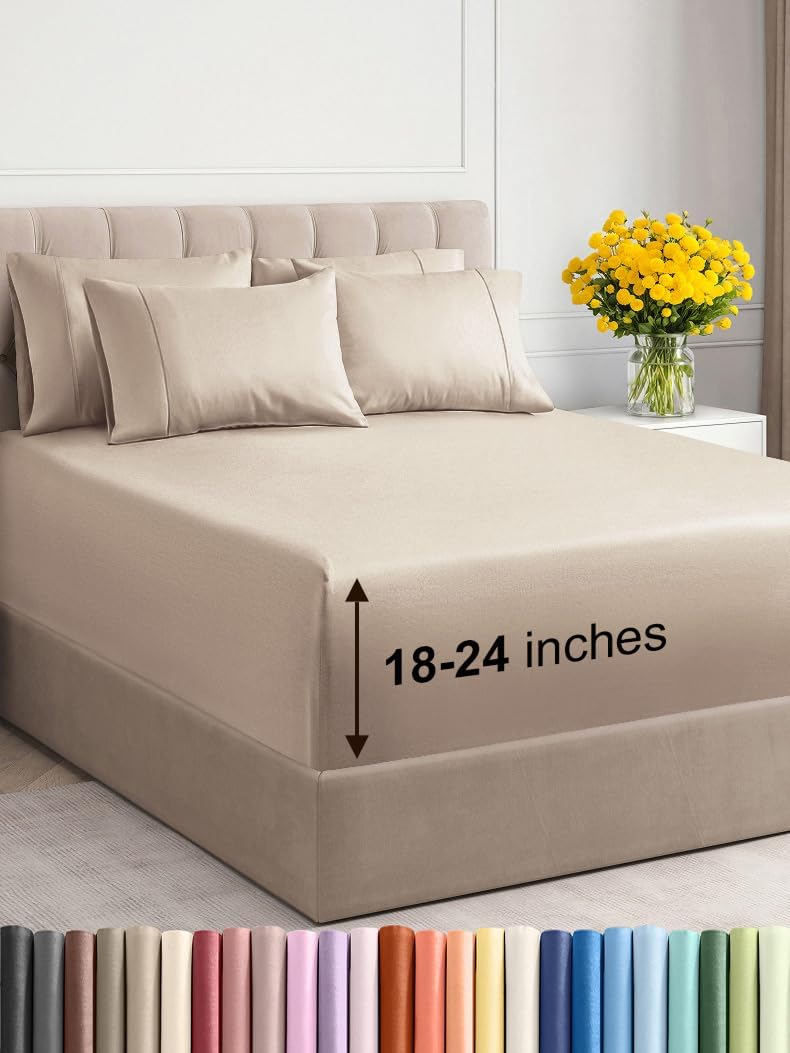 Extra Deep Queen Sheet Set - 6 Piece Breathable & Cooling Sheets - Hotel Luxury Bed Sheets Set - Easy & Secure Fit - Soft, Wrinkle Free & Comfy Sheets Set - White Sheet Set w/Extra Deep Pockets - PuriLite