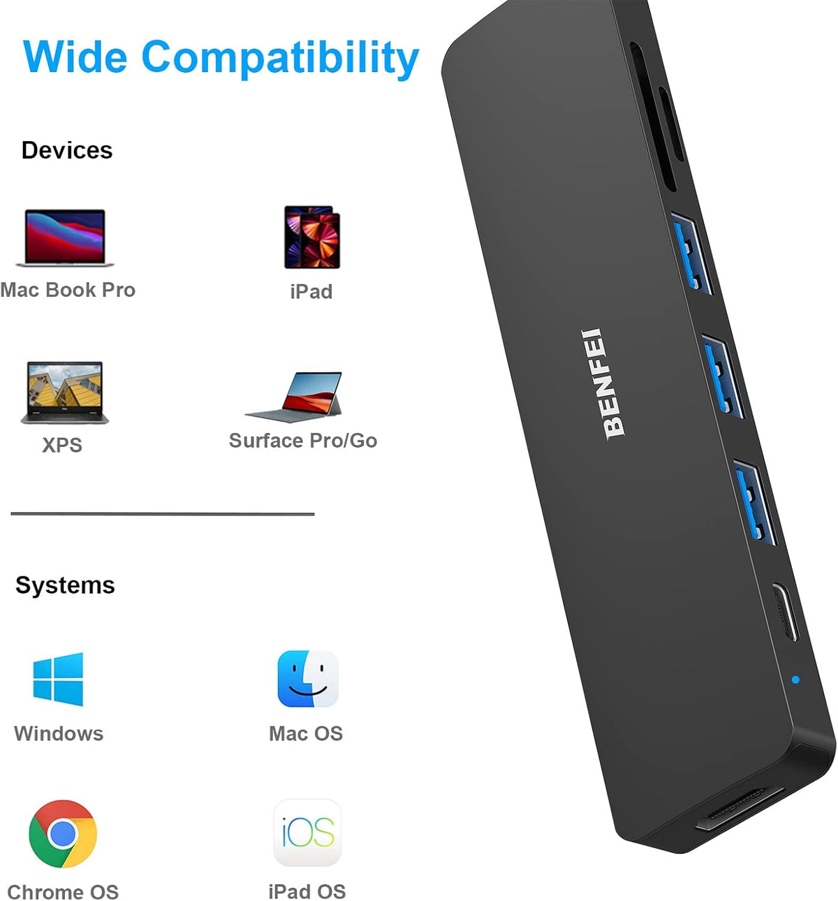 BENFEI USB C HUB 7in1, USB C HUB Multiport Adapter with USB-C to HDMI, USB-C to SD/TF Card Reader/3*USB 3.0/100W Power Delivery, Compatible with iPhone 15 Pro/Max, MacBook, iPad Pro, iMac, S23, XPS17 - PuriLite