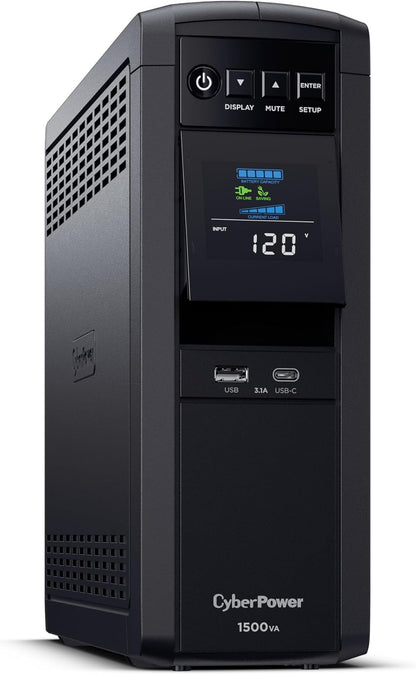 CyberPower CP1500PFCLCD PFC Sinewave UPS System, 1500VA/1000W, 12 Outlets, AVR, Mini Tower, Black - PuriLite