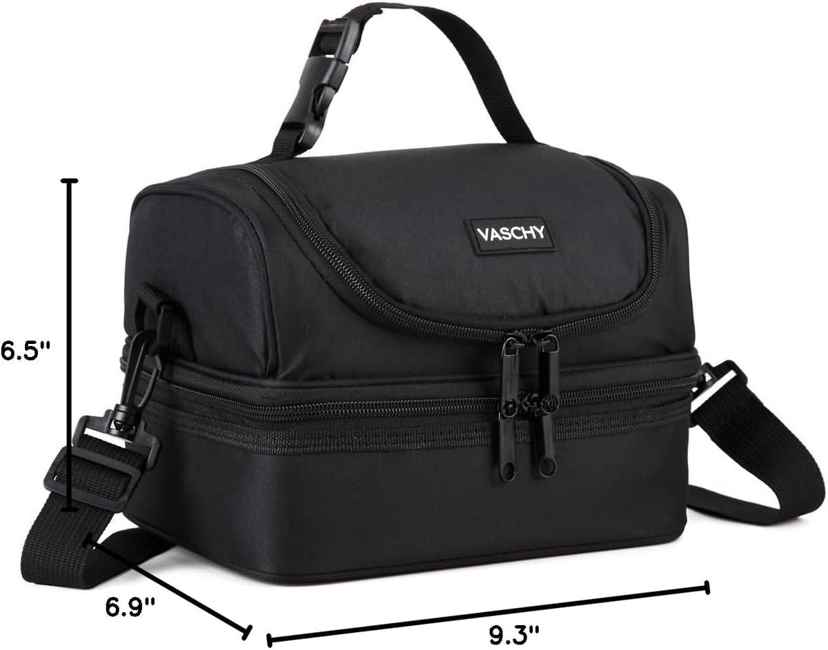 VASCHY Lunch Box Bag Men, Insulated Two Compartments Bento Cooler Bags for Adults/Women/Kids for School,Daycare,Kindergarten,Picnic Black - PuriLite