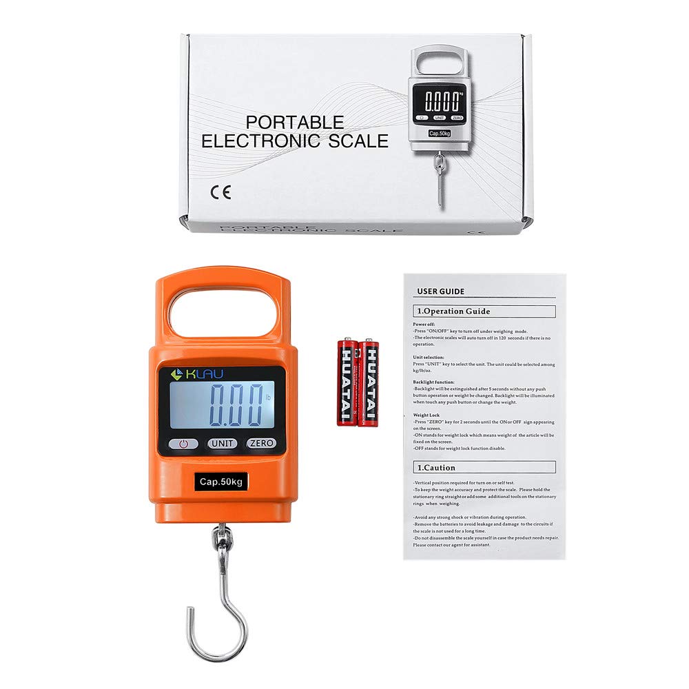Klau Portable Fish Weighing Scales 100 lb / 1600 oz Heavy Duty Digital Hanging Scale LCD Display with Backlight Orange for Home Farm Hunting Outdoor - PuriLite