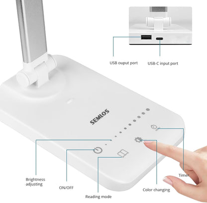 Semlos LED Desk Lamp for Home Office, Eye-Caring Table Light, 25 Lighting Modes, 45 Min Auto Timer, Touch Control, Dimmable, White - PuriLite